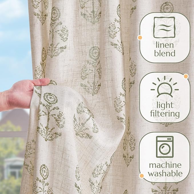 jinchan Linen Floral Curtains for Living Room 96 Inch Length Green Flower Cottage Core Farmhouse Curtains Rod Pocket Back Tab Boho Semi Sheer Window Drapes Bedroom Set 2 Panels Green on Beige