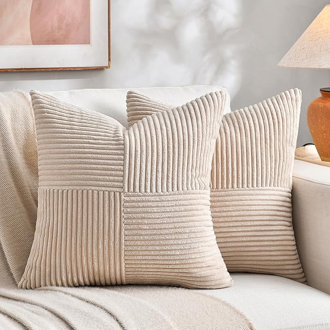 Fancy Homi 2 Packs Tan Decorative Throw Pillow Covers 20x20 Inch for Living Room Couch Bed Sofa, Farmhouse Boho Home Decor, Soft Corss Corduroy Patchwork Accent Square Beige Cushion Case 50x50 cm