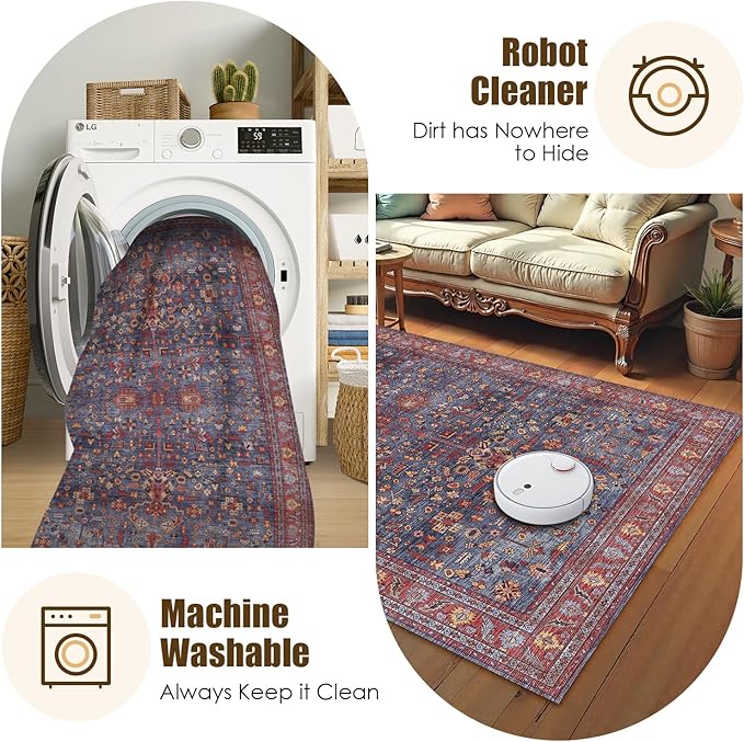 Washable Area Rug 3' x 5 ' Vintage Traditional Persian Mat - Foldable Distressed Non-Slip Machine Washable Carpet for Living Room Bedroom Kitchen Home Decor - Indigo and Crimson