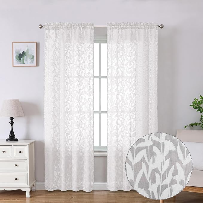 Lecloud Leia White Sheer Curtains 84 Inches Long 2 Panels, Semi Sheer Jacquard Clip Leaves Texture Dual Rod Pockets Living Room Curtains, Airy Gauzy Drapes for Bedroom, 38x84 Inch