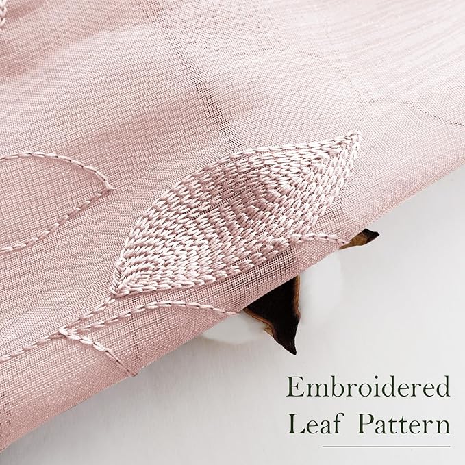 HOMEIDEAS Blush Pink Sheer Kitchen Curtains 52 x 54 Inch Length 2 Panels Embroidered Leaf Pattern Short Curtains for Bedroom Half Small Bathroom Window Rod Pocket Tiers