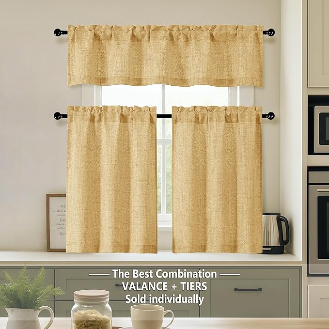 OVZME Valance for Windows, Light Filtering Faux Linen Textured Small Short Valance Kitchen Curtain, Dual Rod Pocket Top Short Window Curtain for Bathroom Basement Farmhouse, 52Wx12L Inch, Gold