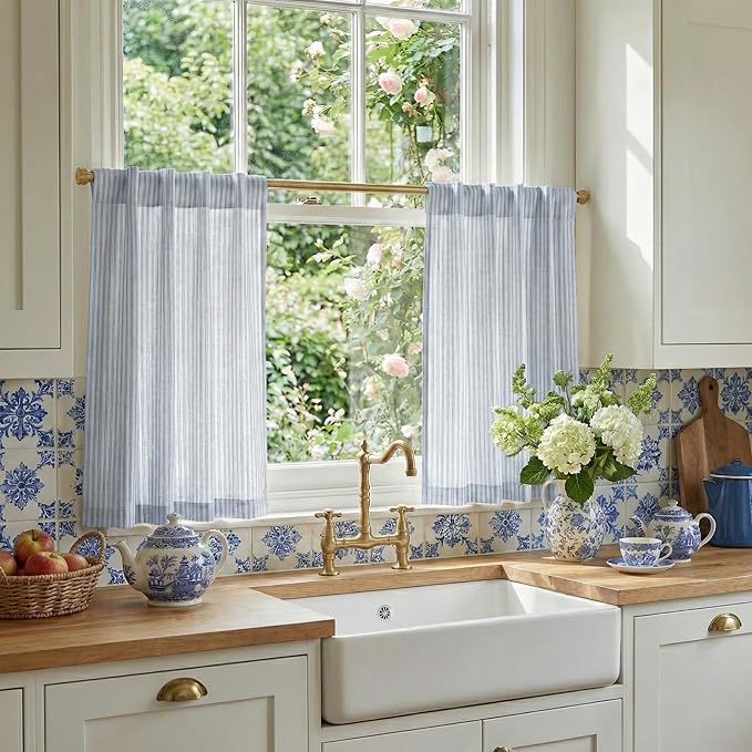 RYB HOME Kitchen Curtains 36 inch Length for Cafe Bathroom Small Window, Striped Linen Pinstripe Drapes Valance Boho Rustic for Living Room Short Tier Farmhouse, Blue, W26 x L36, 2 Panels