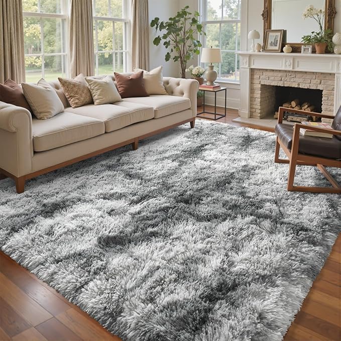 6x9 Ft Large Shag Rugs for Living Room Decor, Tie-Dyed Ultra Soft Fluffy Furry Area Rugs for Bedroom Indoor Floor, Aesthetic Carpet for Kids Home (Grey)