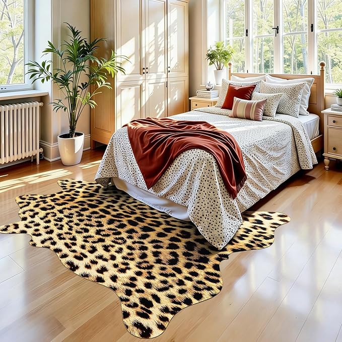 AROGAN 5.2 x 6.2 Ft Faux Leopard Rug, Premium Animal Skin Cheetah Hide Rug, Sturdy Cheetah Print Rugs for Wall Decor, Western Floor Carpet Decor for Bedroom Living Room, Black and Gold