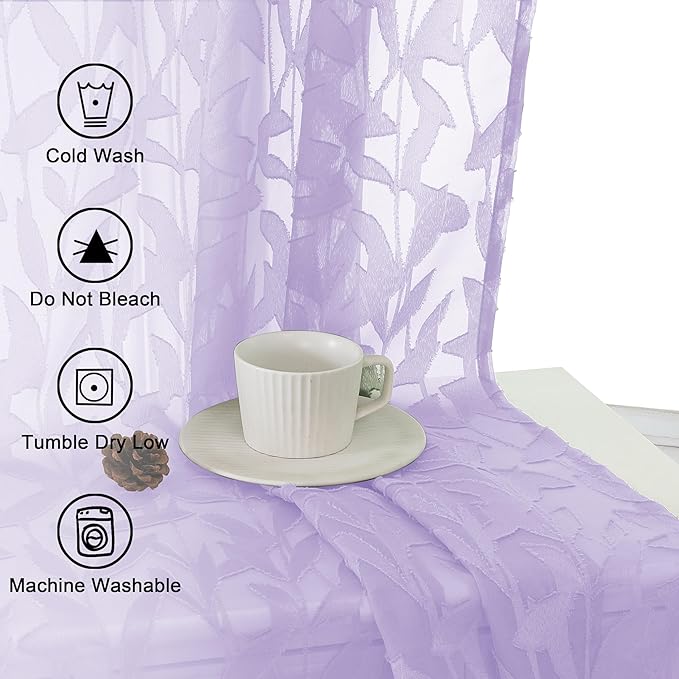 Lecloud Leia Light Purple Sheer Curtains 54 Inch Length 2 Panels, Light Reducing Jacquard Textured Leaf Voile Bedroom Drapes, Gauzy Clip Short Curtain Curtains with Dual Rod Pocket, 38x54 Inches