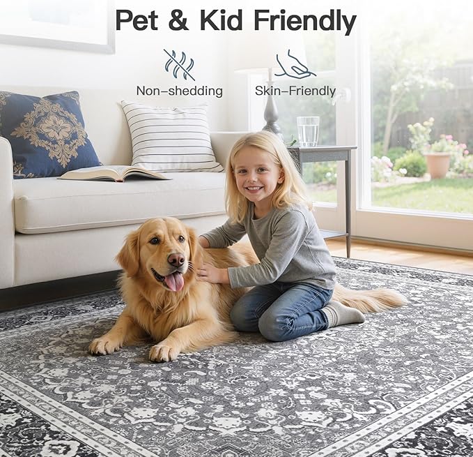 Lofus 5x7 Area Rugs for Living Room, Machine Washable Non-Slip Area Rug, Low Pile Large Rugs for Bedroom, Kitchen, Dining Room, Home Office, Vintage Oriental Print Rug, Light Grey with White