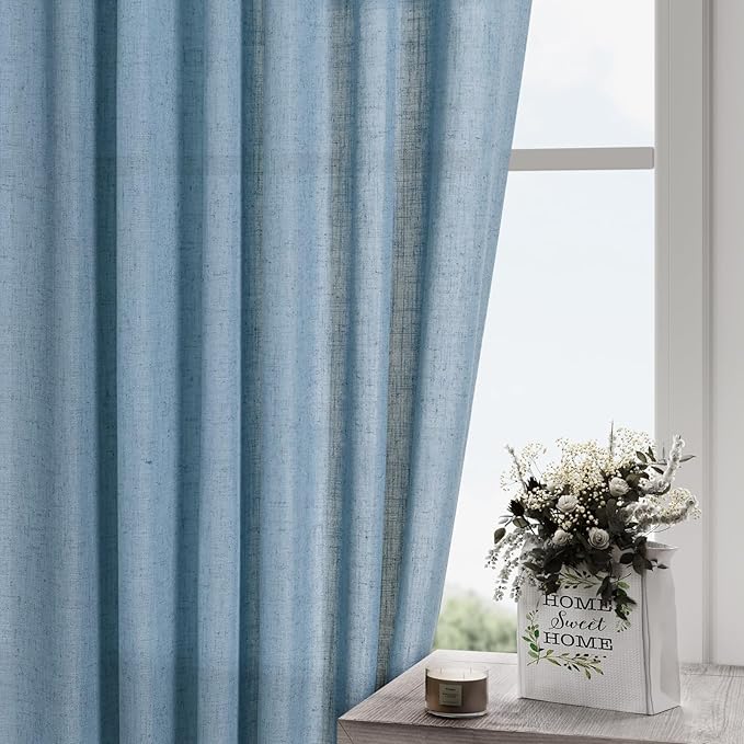 Nanspring Blue Curtains 132 Inches Long 2 Panels for Living Room Back Tab Rod Pocket Semi Sheer Linen Drapes Neutral Room Decor Blue Curtain Ceiling to Floor Length for Dining Room 52x132