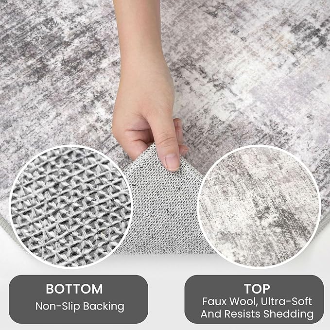 IOHOUZE Abstract Area Rug 4x6 Ft Washable Rugs for Entryway Indoor, Non Slip Small Living Room Rugs Printed Faux Wool Throw Rug, Floor Carpet for Kitchen Nursery Playroom, Grey Beige