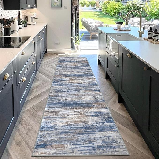 KOZYFLY Modern Abstract Washable Rug Runner 2.6x10 Hallway Rug Runner Non-Slip Soft Kitchen Runner Rugs, Blue Rust Striped Carpet for Entryway Bathroom Laundry Room Foyer