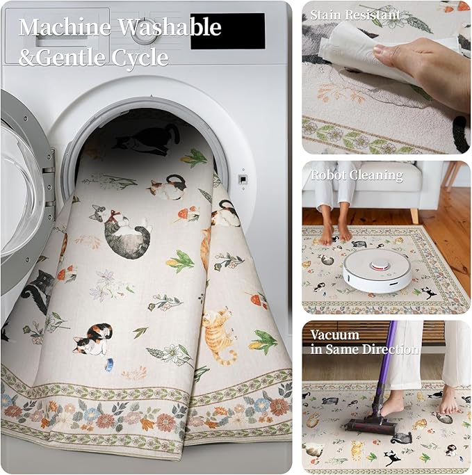 2x5 Washable Kitchen Runner Rug - Soft Low Pile Floral Animal Cat Print Rugs with Non-Slip Backing Waterproof Stain-Resistant Indoor Carpet for Hallway Entryway Bathroom Bedroom (Light Beige)