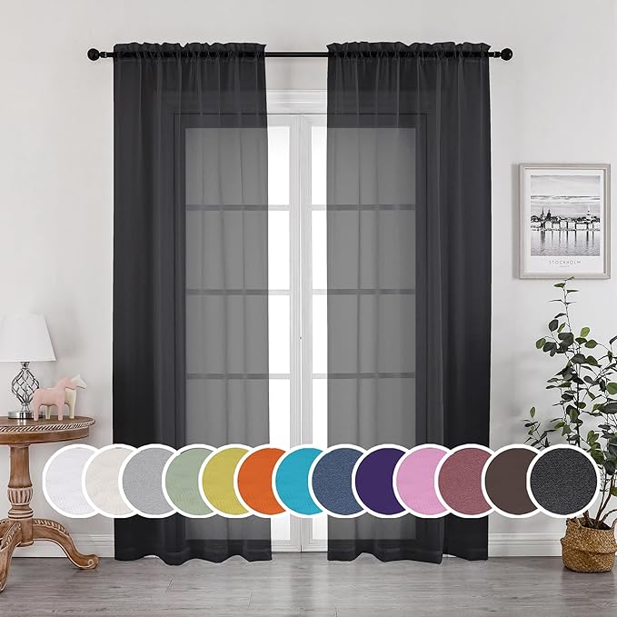 OWENIE Black Sheer Curtains 90 Inches Long 2 Panels Set, Elegant Sheer Curtains for Bedroom, Window Voile Sheer Curtain Panels/Drapes/Treatment for Living Room, 2Pcs, Each 42" W x 90" L, Black