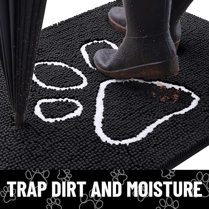 Smiry Dog Door Mat for Muddy Paws, Absorbent Dirt Trapper Non Slip Quick Dry Washable Chenille Mat for Mud Dogs, Entry Rug for Indoor and Outdoor (47x17 Inches, Black and White)
