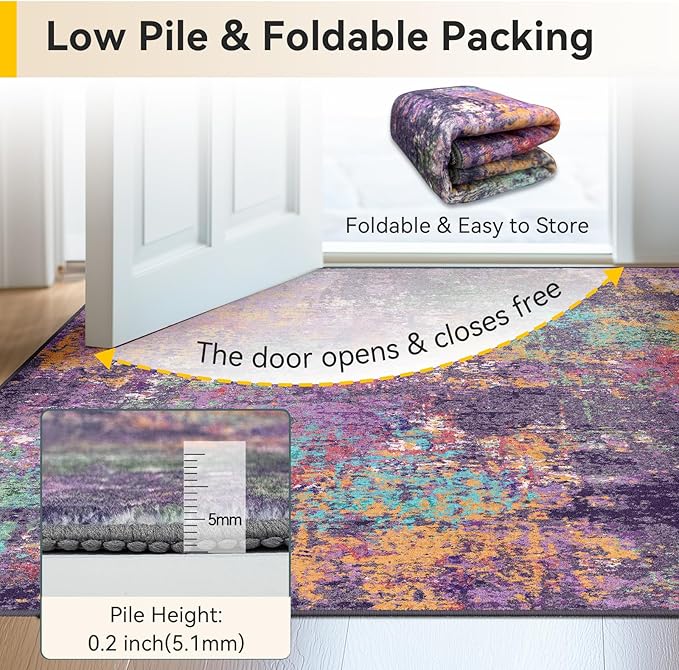 Washable Area Rugs 8ft Non-Slip Modern Abstract Soft for Living Room Entryway Bedroom Nursery, Print Pattern, Purple Orange Blue Green Rust Red Colorful