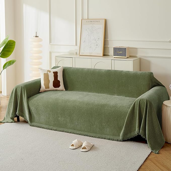 Couch Cover for Dogs, Boho Sofa Covers for 2 Cushion Couch, Chenille Sofa Slipcover for Pets Washable, L-Shape Sectional Couch Loveseat Cover Soft Throw Blankets with Tassels(71x102,Green)