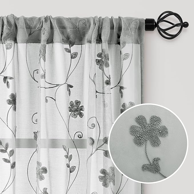 HOMEIDEAS Grey Sheer Curtains 63 Inches Long 2 Panels Embroidered Floral Pattern Semi Sheer Window Curtains for Bedroom Living Room