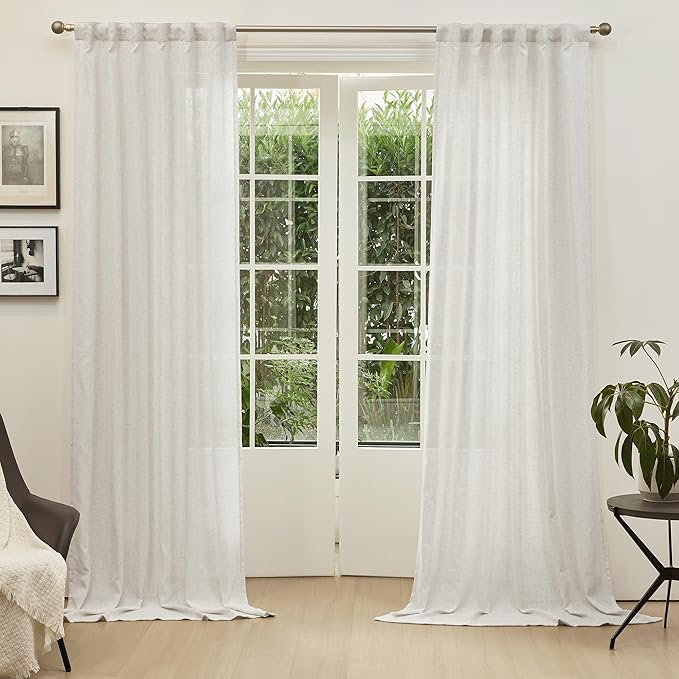 MYSKY HOME Linen Curtains for Sliding Door, Farmhouse Semi Sheer Ceiling Curtains Living Room Light Filtering Back Tab Elegant Style Soft Fabric, 50" x 95", Linen, 2 Panels