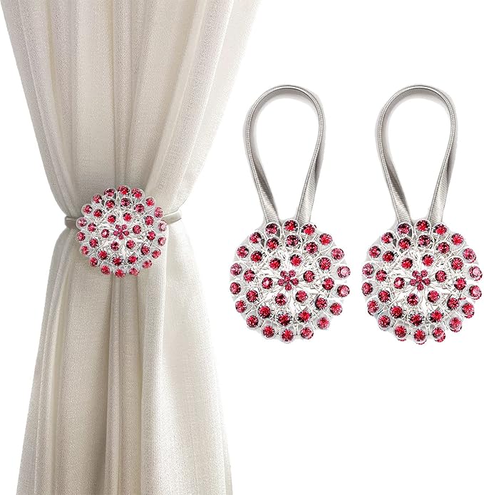Magnetic Tiebacks for Curtains, 2 Pack Sparkling Crystal Flower Curtain Tiebacks Curtain Buckle Clips with High-Elastic Spring Wire for Home Office Decoration (Red)