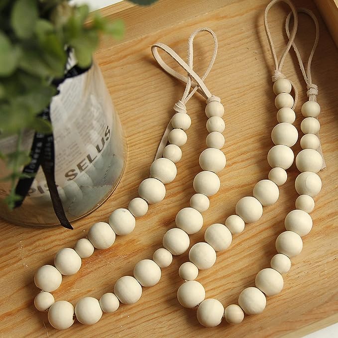 OCIOLI 2 Pieces of Wood Bead Curtain Tieback Boho Curtain Tiebacks Curtain Holdbacks for Wall Curtain Ties Curtain Tie Backs with Hooks for Boho Decor Bedroom Decor Nursery Decor (Wood Color,2)
