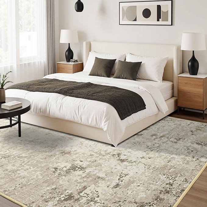 Toneed Abstract Area Rug 5x8 Modern Washable Rug Soft Non Slip Rug Low Pile for Bedroom Living Room Dining Room Beige