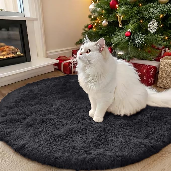 OLANLY Black Round Rugs for Bedroom - Machine Washable, 3 ft Circle Area Rugs for Living Room, Soft and Fluffy Shaggy Carpet for Teen Girls and Boys, Nursery Rooms, Dorms, Home Decor Aesthetic
