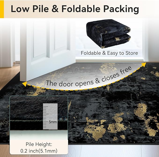 Washable Area Rugs 6'x9' Non-Slip Modern Abstract Soft for Living Room Entryway Bedroom Nursery, Print Pattern, Dark Black Gold