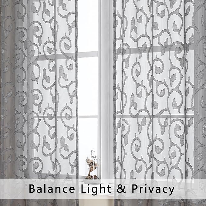 OWENIE Furman Extra Long Sheer Charcoal Gray Curtains 96 inches Long for Bedroom Living Room 2 Panels Set, Light Filtering Semi Sheer Jacquard Clip Farmhouse Curtains Rod Pocket Design, 52Wx96L inch