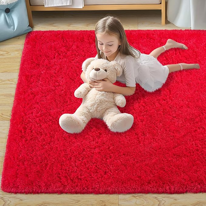 Pionblank 8x10 Rug for Living Room, Fuzzy Plush Large Area Rug, Fluffy Modern Shag Non Slip Soft Furry Carpet for Bedroom Kids Room Nursery Teens Dorm Home Decor, Red