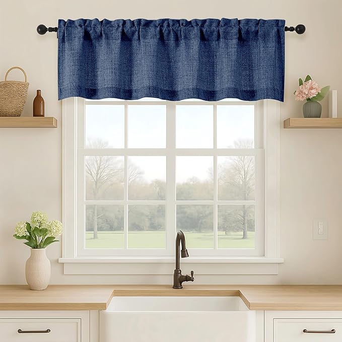OVZME Navy Blue Valance for Windows, Light Filtering Faux Linen Textured Small Short Valance Kitchen Curtain, Dual Rod Pocket Top Short Window Curtain for Bathroom Basement Farmhouse, 1 Piece, 60Wx14L