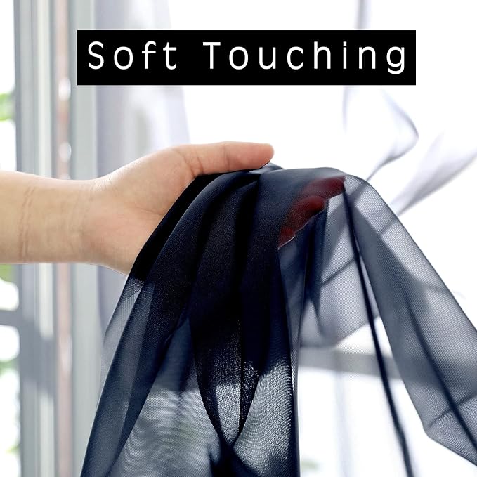 OVZME Navy Blue Sheer Curtains 2 Panels with Dual Rod Pocket, Light Filtering Treatment Window Drapes for Kitchen Dining Room, Bedroom, Each 42 Width by 63 Length.