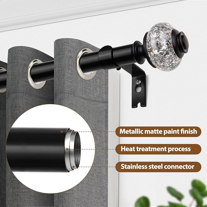 USFOOK 2 Pack Curtain Rod 32 to 58 Inches (2.6-4.8ft), USFOOK 7/8 Inch Telescoping Splicing Curtain Rods for Windows 20 to 54 Inch, Black Decorative Drapery Rods for Home with Translucent Finials