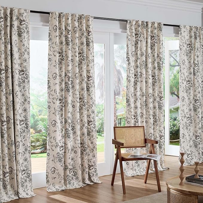 jinchan Blackout Floral Curtains for Living Room Bedroom Linen Blend Curtain Farmhouse Black Printed with Lined Back Tab Rod Pocket Drapes Window Treatments 2 Panels 72 Inch