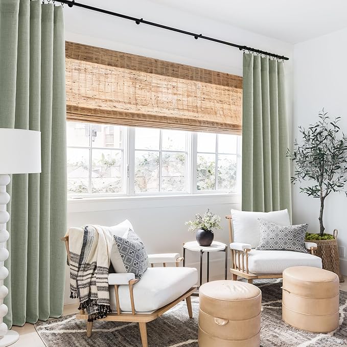 RYB HOME Linen Sheer Curtains and Drapes for Living Room and Dining Room 102 inches Length, Breathable Back Tab/Rod Pocket Semi Sheer Curtains, Sage Green, W 52 x L 102 inches, 2 Panels Set
