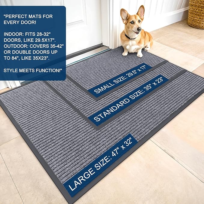 OLANLY Front Door Mat Indoor Outdoor Entrance, Waterproof Heavy Duty Doormat, Fade Resistant, Low Profile, Easy Clean Patio Porch Welcome Floor Mats for Entry, 47x23, Light Gray