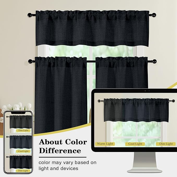 Valances for Windows, Light Filtering Faux Linen Textured Small Short Valance Curtains for Bathroom Basement Farmhouse, Rod Pocket Top Half Curtains for Windows, Black 52Wx16L Inch