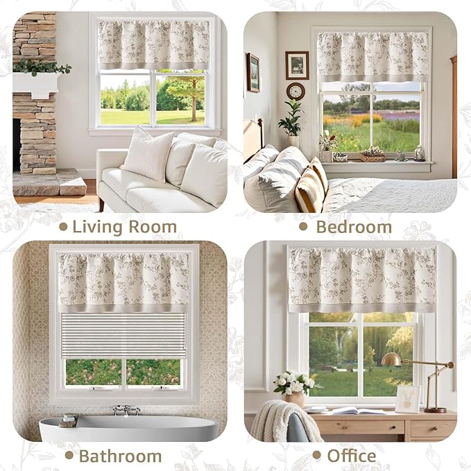 jinchan Linen Kitchen Valance for Windows 16 Inch Floral Double Layer Valance Living Room Laundry Room Darkening Rustic Cottagecore Farmhouse Flower Window Treatment 1 Panel Taupe on Linen