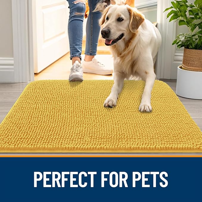 OLANLY Dog Door Mat for Muddy Paws 59x32, Absorbs Moisture and Dirt, Absorbent Non-Slip Washable Doormat, Quick Dry Chenille Mud Mat for Dogs, Entry Indoor Entryway Carpet for Inside Floor, Yellow