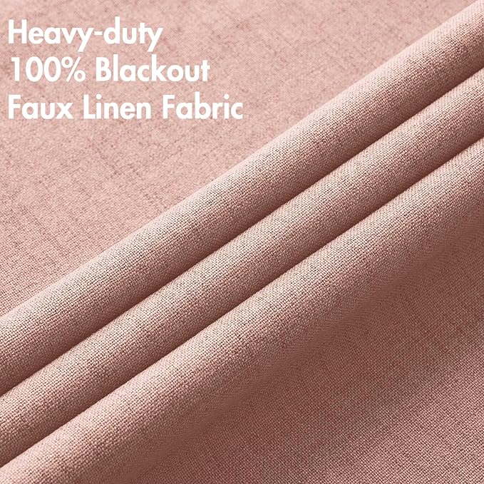 MIULEE Linen Curtains for Bedroom 100% Blackout Thermal Insulated Blush Pink Grommet Room Darkening Curtains & Drapes for Living Room Nursery 52 x 90 Inch (2 Panels)