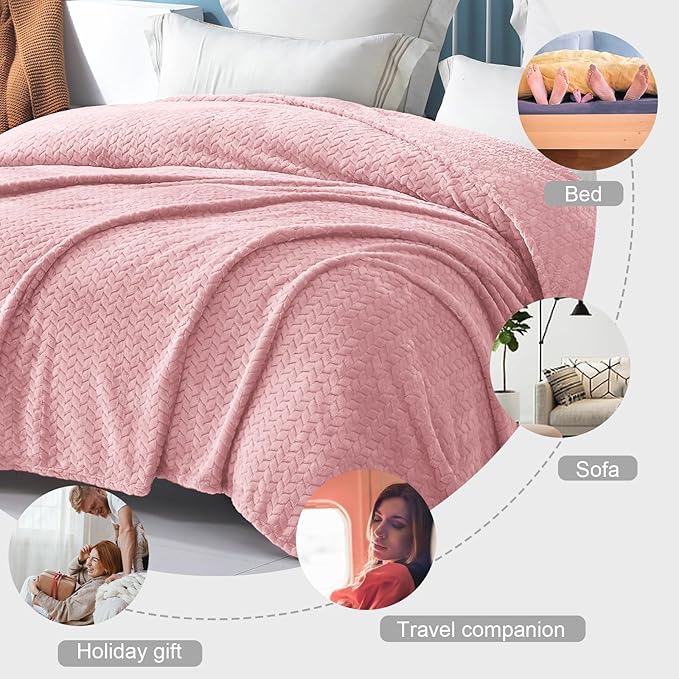 Exclusivo Mezcla Fleece King Size Blanket for Bed, 90x104 Inches Soft Cozy Jacquard Flannel Blankets, Lightweight Fuzzy Plush Warm for Women, Pink