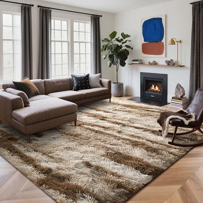 Area Rugs for Living Room, 6x9 Feet Soft Fluffy Shagg Plush Rug High Pile Large Indoor Modern Non-Slip Floor Carpet for Bedroom Nursery Kids Home Room Dorm Decor Aesthetic Tie-Dyed Khaki