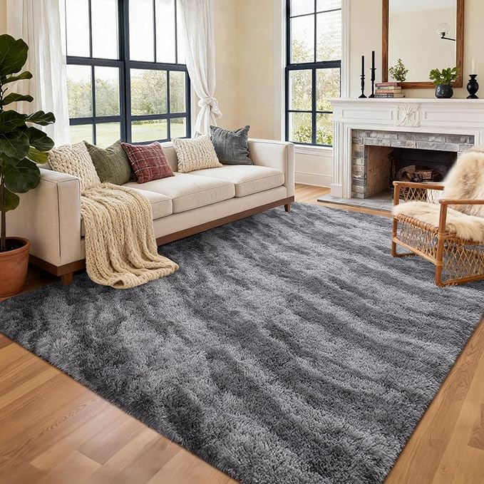 Area Rugs for Living Room, Tie-Dyed 6x9 Feet Soft Fluffy Shagg Plush Rug High Pile Large Indoor Modern Non-Slip Floor Carpet for Bedroom Nursery Kids Home Room Dorm Decor Aesthetic Grey