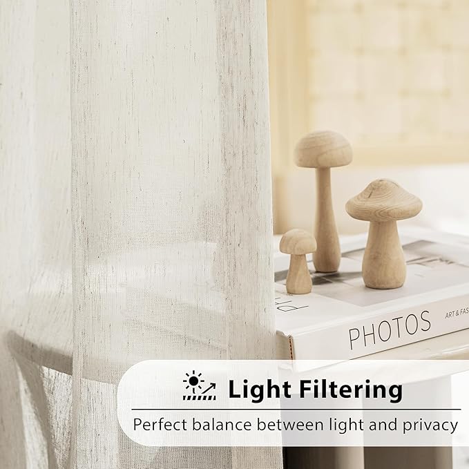 FMFUNCTEX Linen Sheer Sliding Door Curtains for Bedroom, Beige Curtains 96 Inches Long Window Curtain Drapes for Living Room, Natural Patio Glass Door Extra 100 Wide Curtain, Rod Pocket 1 Panel