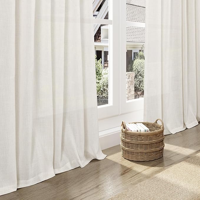 Cream Linen Curtains Back Tab Sheer Curtains 90 Inches Long for Living Room 2 Panels Rod Pocket Neutral Semi Sheer Light Filtering Pleated Curtain Drapes Ivory Farmhouse Dining Room Curtain 40x90