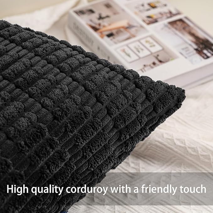Pack of 2 Corduroy Decorative Throw Pillow Covers 16x16 Inch Soft Striped Pillow Covers Modern Farmhouse Home Decor for Sofa Living Room Couch Bed（Black）