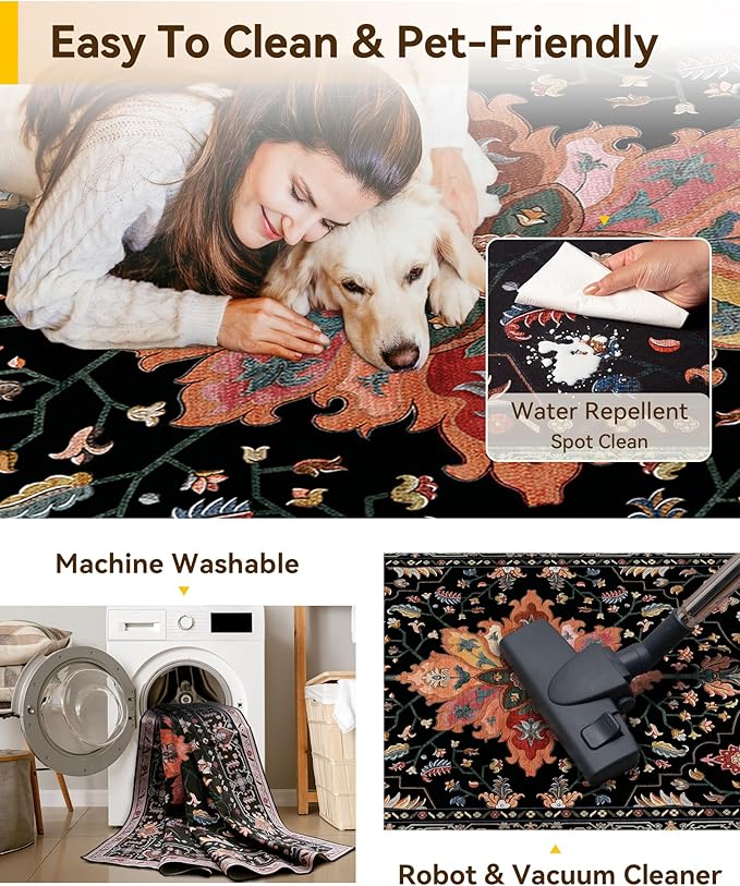 Area Rugs 6'x8' Washable Non-Slip, Floral Vintage Distress Print Pattern Medallion Carpet for Living Room Bedroom Dining Room, Black Colorful Floral Dark Tan