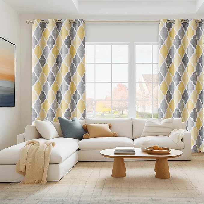 Beauoop 100% Blackout Curtains 90 Inches Long 2 Panels for Bedroom Living Room Yellow Grey Moroccan Geo Room Darkening Thermal Insulated Soundproof Grommet Top Window Treatments Drapes, 50x90 Set of 2