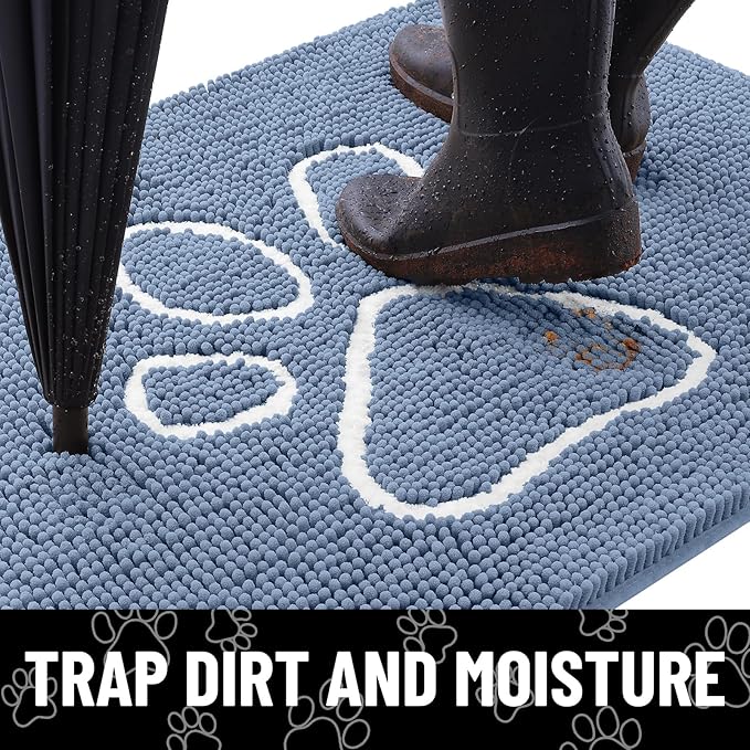 Smiry Dog Door Mat for Muddy Paws, Absorbent Dirt Trapper Non Slip Quick Dry Washable Chenille Mat for Mud Dogs, Entry Rug for Indoor and Outdoor (47x24 Inches, Airy Blue and White)