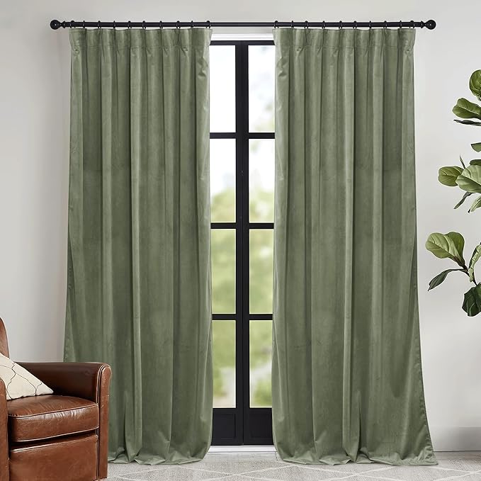 RYB HOME Sage Green Velvet Curtains 94 inches with Hook Belt, Soft Fabric Room Darkening Thermal Insulated Luxurious Home Decor Curtains for Living Room Bedroom, W 52" x L 94", 2 Panels Set