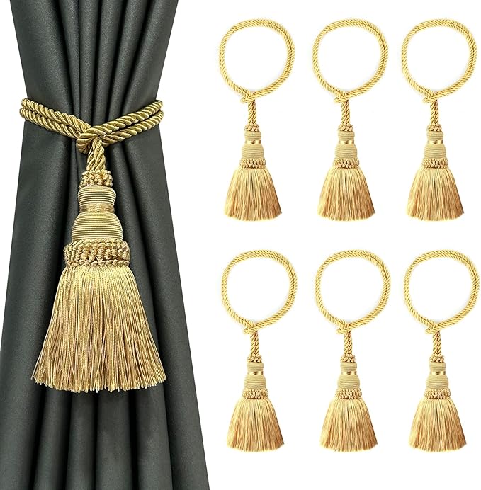 Fenghuangwu 6 Pack Curtain Tie Backs Rope Tassels for Curtains Drape tiebacks Handmade Outdoor Home and Outdoor Decorative (Gold, 6p)