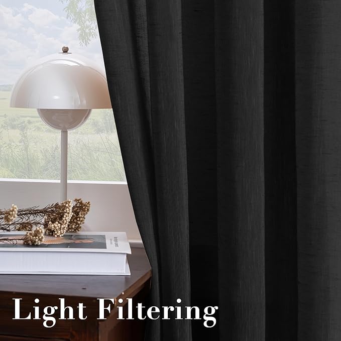 H.VERSAILTEX Linen Curtains Natural Blended Curtain Panels for Living Room/Light Reducing Linen Semi Sheer Curtains 63 inch Length 2 Panels Set Nickel Grommet Window Panels, 52" x 63", Black